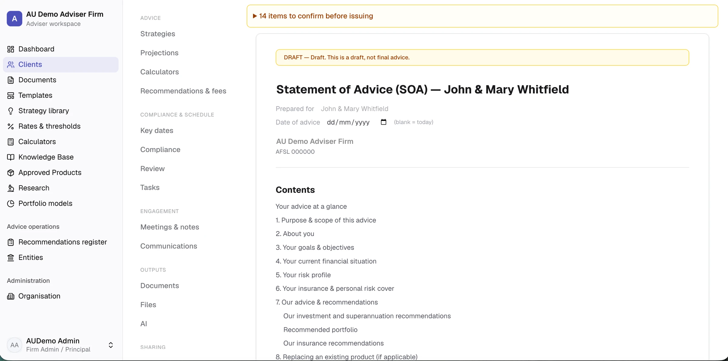 A drafted Statement of Advice in PlanHouse — marked DRAFT with a checklist of items to confirm before issuing, and the full advice contents.